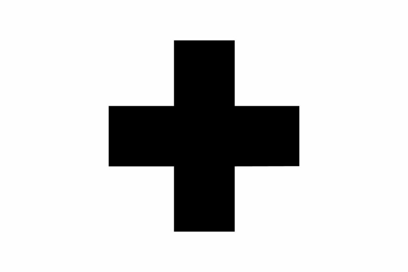 Symbol Krankenhaus Ein schwarzes, gleichschenkliges Kreuz auf weißem Hintergrund.