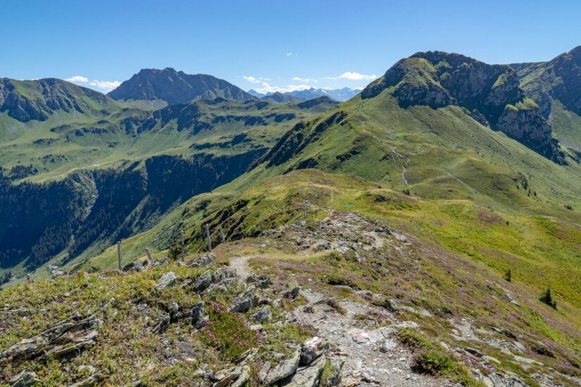 Ein schmaler Wanderpfad führt über einen grasbewachsenen Gebirgskamm mit Blick auf umliegende Berggipfel.