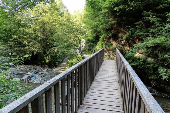 Schmale Holzbrücke mit Geländer über einen Bachlauf in einem Waldstück.
