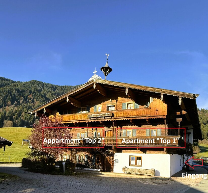 Neuhaus mit Apartmentbeschreibung Ein traditionelles Chalet in den Bergen mit zwei Appartements. Die umgebende Natur ist grün und hügelig.