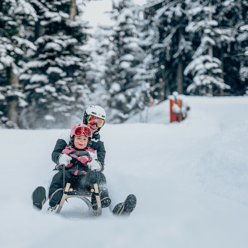Auf einem schneebedeckten Weg fahren ein Erwachsener und ein Kind auf einem Schlitten, während die winterliche Natur um sie herum strahlt.