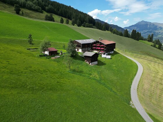 Luftaufnahme eines traditionellen Bauernhofs auf einer grünen Bergwiese mit Zufahrtsweg.