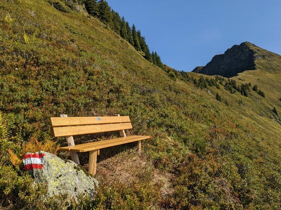 Rastbank am Wanderweg Holzbank an einem grasbewachsenen Berghang neben einer rot-weiß-roten Wegmarkierung auf einem Stein.