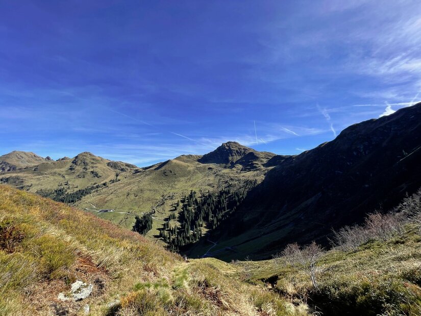 Blick von einem grasbewachsenen Berghang auf gegenüberliegende Berggipfel unter blauem Himmel.