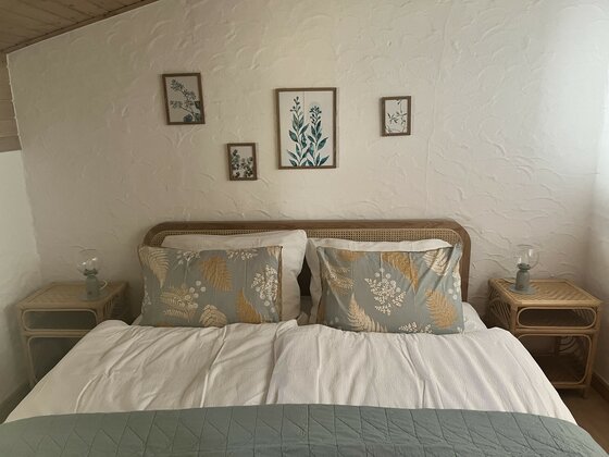 Doppelbett mit gemusterten Kissen, zwei Nachttischen und botanischen Bildern an einer weißen Wand.