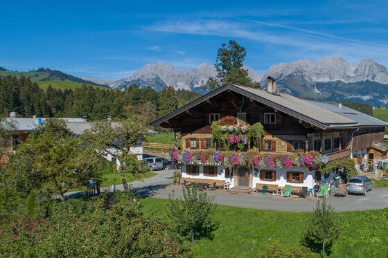 Traditioneller Bauernhof aus Holz mit Blumenschmuck vor einer Gebirgskette unter blauem Himmel.