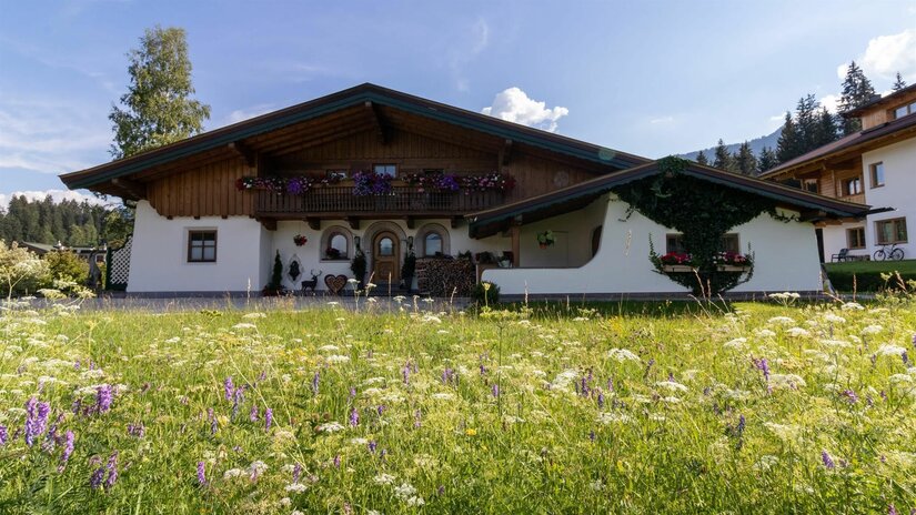 Sommer Hausansicht Ferienwohnung Hauser Alpines Wohnhaus mit Holzbalkon und Blumenkästen hinter einer blühenden Wiese.