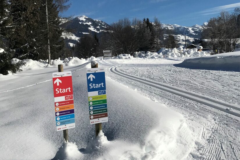 Zwei Startschilder für Langlaufloipen im Schnee vor einer präparierten Spur und Bergen.