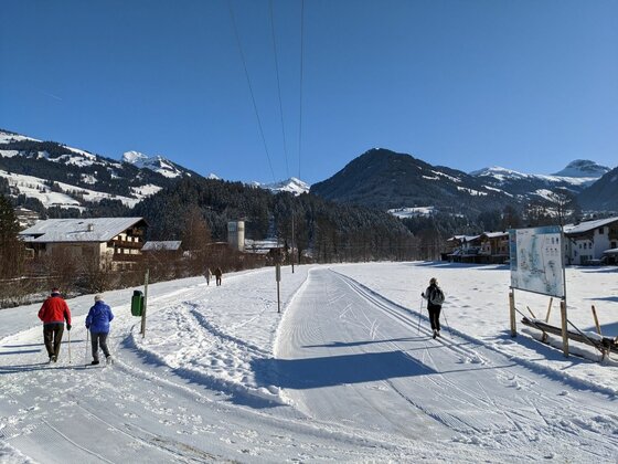 Winterwanderweg und Langlaufloipe Personen beim Winterwandern und Skilanglauf auf einer präparierten Schneespur vor Bergkulisse.