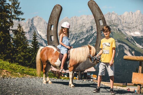 Zwei Kinder stehen neben einem Ponny in den Bergen. Im Hintergrund sind hohe Berge und ein blauer Himmel zu sehen.
