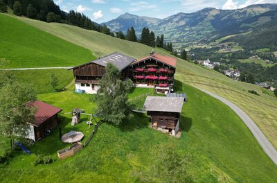Luftaufnahme eines traditionellen Holzbauernhofs mit Blumenschmuck auf einer grünen Bergwiese.