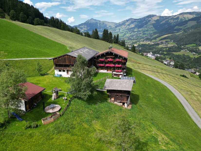Luftaufnahme eines traditionellen Holzbauernhofs mit Blumenschmuck auf einer grünen Bergwiese.