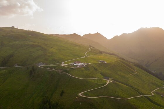 Eine hügelige Landschaft mit grünem Gras und gewundenen Wegen. Im Hintergrund sind Berge und ein sanfter Sonnenuntergang zu sehen.