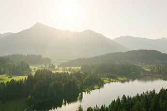 Ein sanfter Sonnenaufgang über einem ruhigen See, umgeben von dichten Wäldern und sanften Hügeln im Hintergrund.