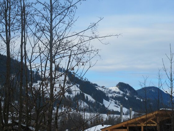 Eine winterliche Landschaft mit schneebedeckten Bergen und kahlen Bäumen. Der Himmel ist klar und leicht bewölkt.