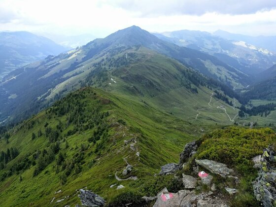 Gratwanderung am Kleinen Rettenstein Blick von einem felsigen Berggipfel auf einen schmalen Wanderpfad, der über einen grünen Gebirgskamm führt.