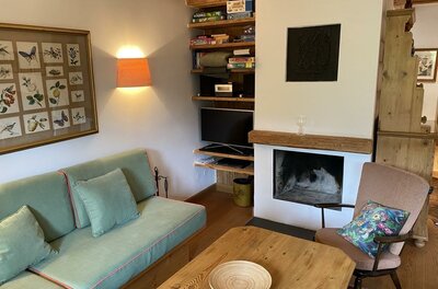 Wohnbereich mit grünem Sofa, Holztisch und offenem Kamin in einer Ferienwohnung.
