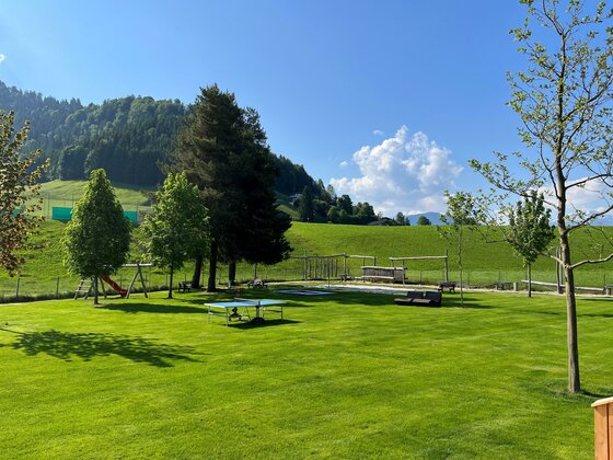 Ein schöner, grüner Garten mit Bäumen und Spielgeräten. Im Hintergrund sind sanfte Hügel und ein blauer Himmel zu sehen.