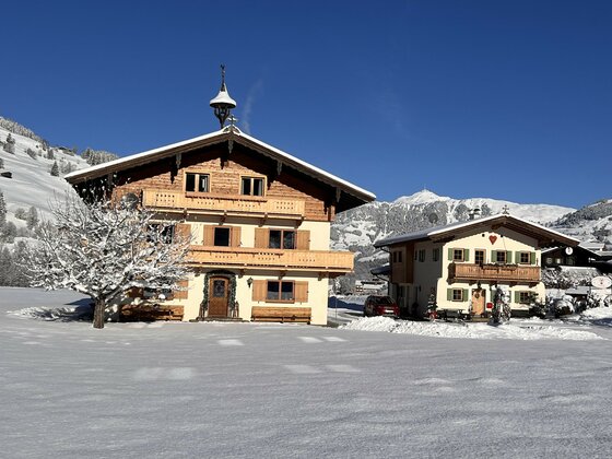 Zwei traditionelle alpine Hütten im Schnee unter klarem blauen Himmel. Die Landschaft ist winterlich und ruhig.