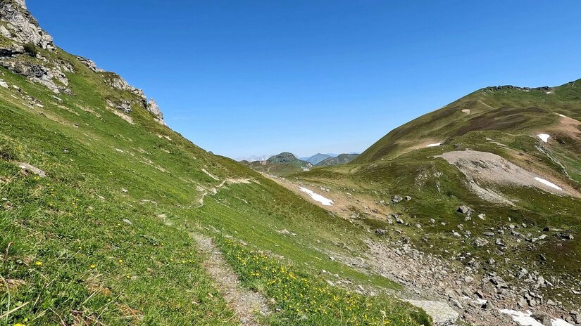 Wanderweg am Geisstein Schmaler Wanderpfad an einem grasbewachsenen Berghang unter blauem Himmel.