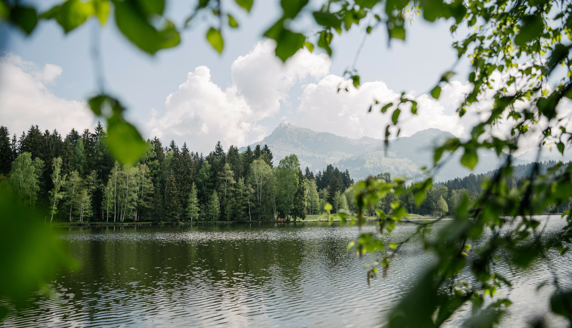 Schwarzsee in Kitzbühel spiegelt Bäume und Himmel, umgeben von Hügeln und Bergen.
