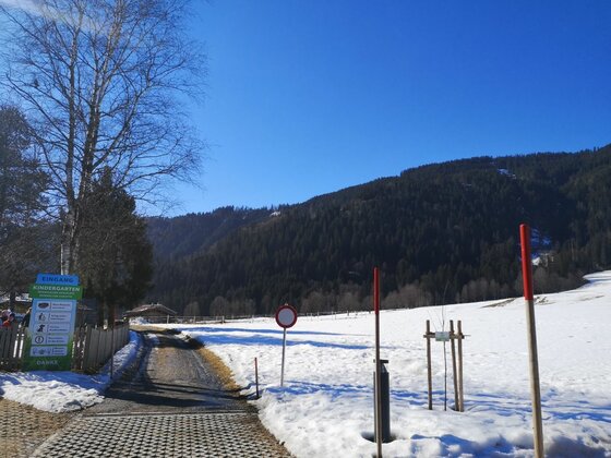 Wanderweg bei Hennleiten Gepflasterter Weg führt an einer verschneiten Wiese vorbei in Richtung bewaldeter Berge unter blauem Himmel.