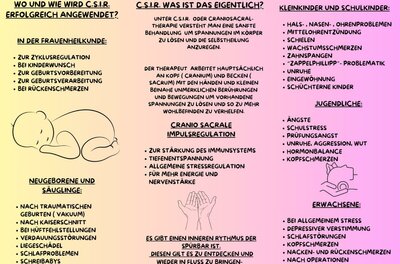 Infografik zur Cranio Sacralen Impulsregulation mit Textspalten und Illustrationen auf farbigem Hintergrund.