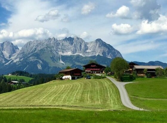 Hof Hintererb im Sommer Alpiner Bauernhof auf einer grünen Wiese vor einem massiven Felsgebirge unter bewölktem Himmel.
