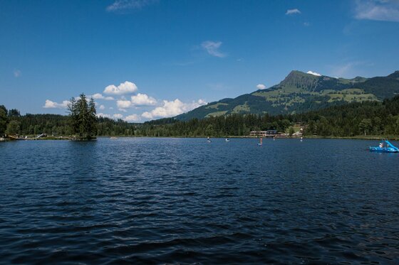 Schwarzsee mit Bergpanorama Blick über den Schwarzsee auf bewaldete Ufer und Berge unter blauem Himmel.