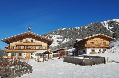 Eine malerische alpine Landschaft mit zwei traditionellen Holzhäusern. Der Schnee bedeckt den Boden und die umliegenden Berge sind klar im Hintergrund sichtbar.