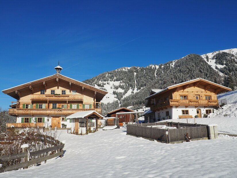 Eine malerische alpine Landschaft mit zwei traditionellen Holzhäusern. Der Schnee bedeckt den Boden und die umliegenden Berge sind klar im Hintergrund sichtbar.