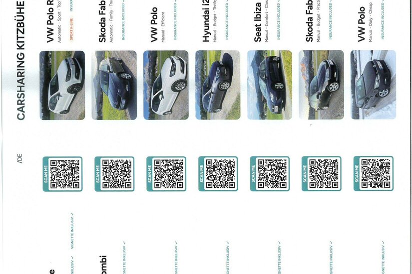 Übersichtstabelle mit verschiedenen Pkw-Modellen, QR-Codes und technischen Details für Carsharing in Kitzbühel.