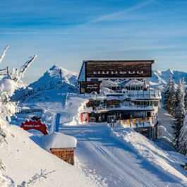 Eine schneebedeckte Berglandschaft mit einem modernen Gebäude, umgeben von hohen, verschneiten Bäumen und majestätischen Gipfeln.