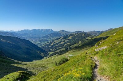 Schmaler Wanderpfad an einem grünen Berghang mit Blick in ein weites Tal und auf ferne Berggipfel.