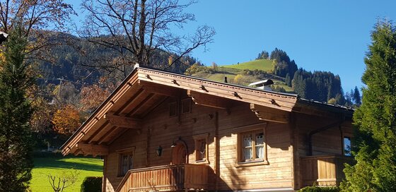 Alpines Holzhaus mit Balkon vor bewaldeten Bergen unter blauem Himmel.
