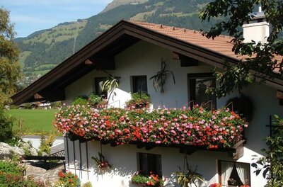 Sommer am Haus Kolb Alpines Wohnhaus mit blumengeschmücktem Holzbalkon vor bewaldeten Bergen.