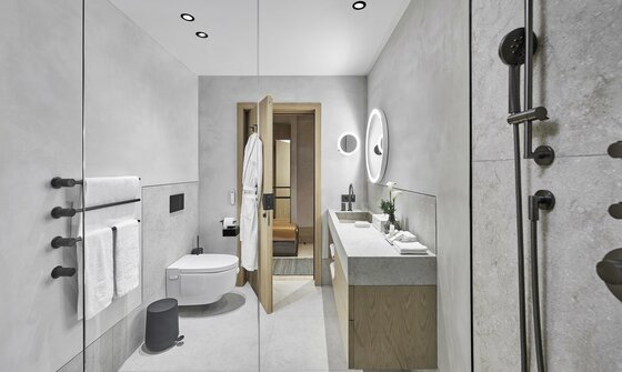 Modernes Badezimmer mit Waschtisch, WC und Dusche in Grau- und Holztönen.
