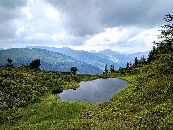 Bergsee am Kleinen Rettenstein Ein kleiner Bergsee in einer grünen Alpenlandschaft vor bewölktem Himmel und fernen Berggipfeln.