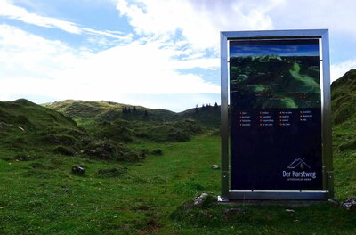 Informationstafel zum Karstweg in einer grünen Hügellandschaft unter bewölktem Himmel.