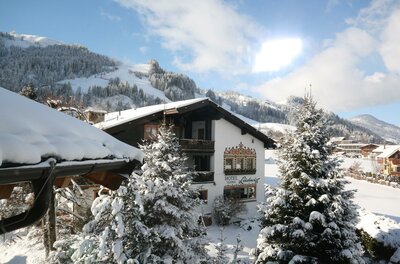 Verschneites Hotel Garni Ludwig vor bewaldeten Berghängen im Winter.