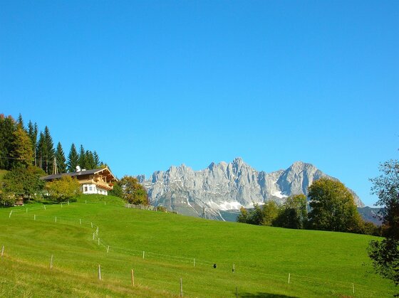 Reichwand mit Wildem Kaiser Alpines Wohnhaus auf einer grünen Wiese vor dem Gebirgsmassiv des Wilden Kaisers unter blauem Himmel.