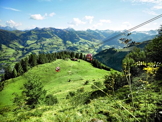 Hahnenkammbahn in Kitzbühel Zwei rote Gondeln der Hahnenkammbahn schweben über grüne Almwiesen vor einem Bergpanorama.