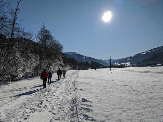 Personen wandern auf einem verschneiten Weg neben einer weiten Schneefläche unter blauem Himmel.