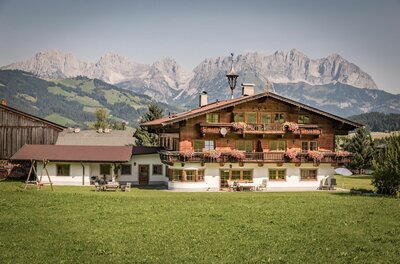 Außenansicht Sommer Ferienwohnung Neuhaus Alpines Holzhaus mit Blumenbalkonen vor einem schroffen Gebirgsmassiv.