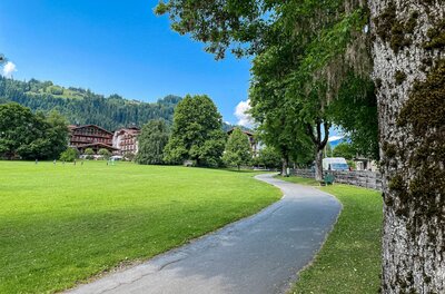 Stadtrunde Kitzbühel Asphaltierter Spazierweg führt an einer grünen Wiese und Bäumen vorbei in Richtung von Gebäuden im Hintergrund.