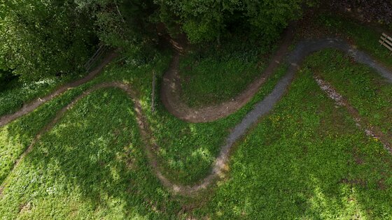 Luftaufnahme eines geschwungenen Mountainbike-Uphill-Trails auf einer grünen Wiese am Waldrand.