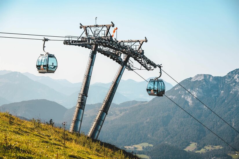 Brandstadlbahn im Sommer Eine Seilbahn mit blauen Gondeln schwebt über eine grüne Wiese. Im Hintergrund sind majestätische Berge und ein klarer Himmel zu sehen.