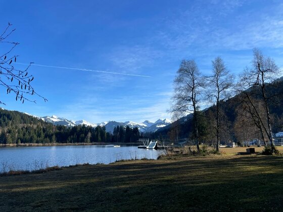 Blick über einen See auf schneebedeckte Berge unter blauem Himmel mit Bäumen im Vordergrund.