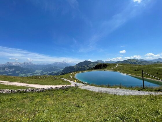 Ein runder Speichersee in einer alpinen Graslandschaft unter blauem Himmel mit Blick auf ferne Berggipfel.