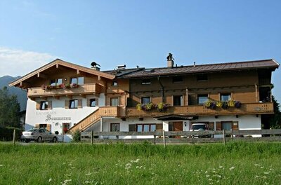 Landhaus Sommerau im Sommer Zweistöckiges Landhaus mit Holzbalkonen und Blumenschmuck vor einer Wiese.